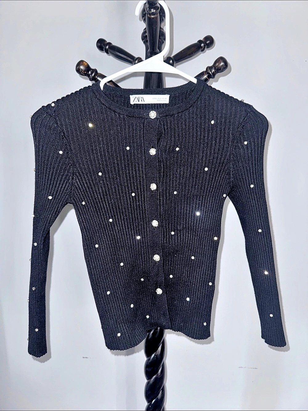 Zara Rhinestone Jewel Button Ribbed Knit Cardigan Black Small 31.T